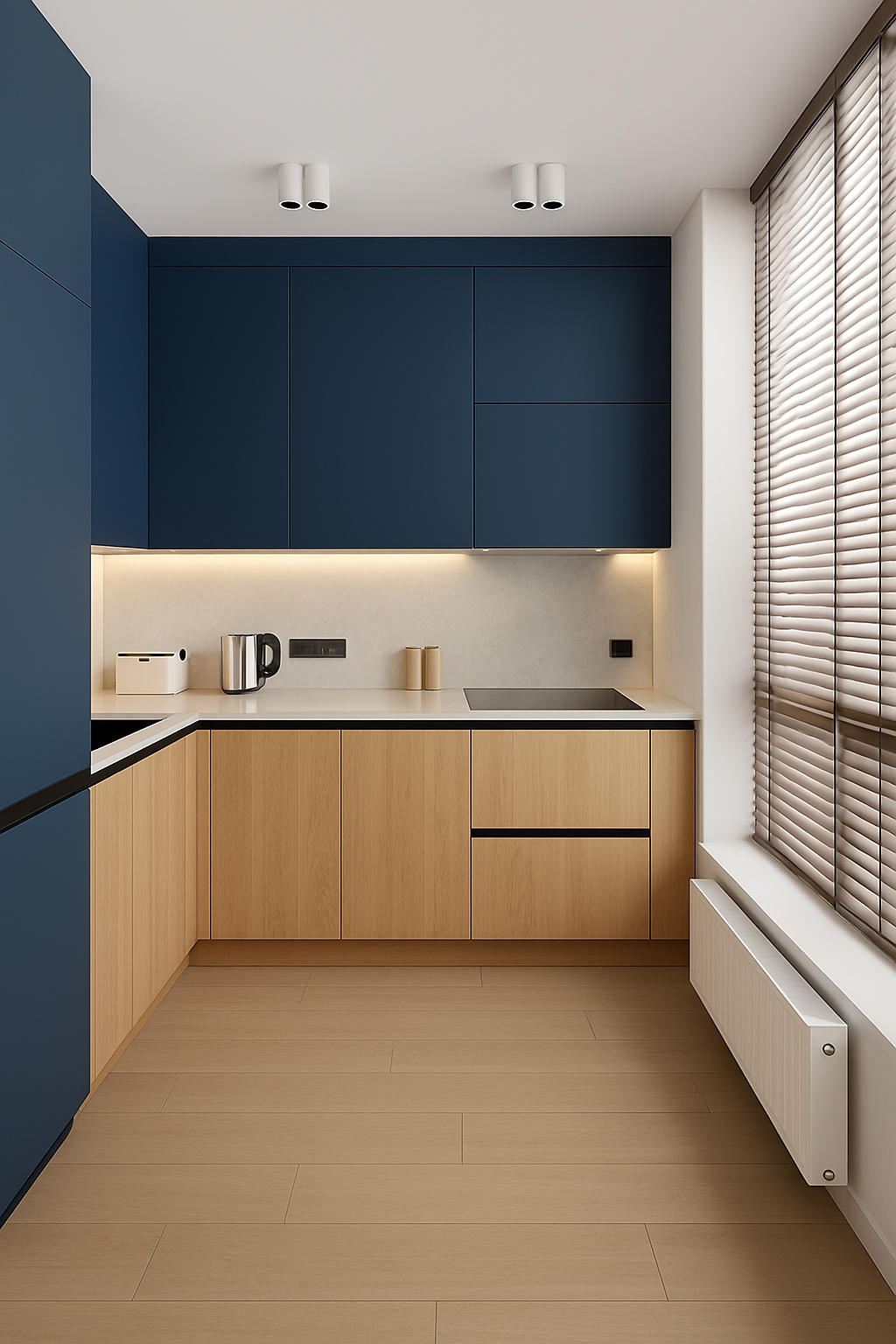 Kuchnia granat i jasne drewno